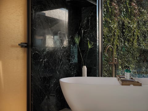 Zeus Presidential Suite with Balcony, Temple View & outdoor Jetted Tub | Bathroom | Designer toiletries, hair dryer, bathrobes, slippers