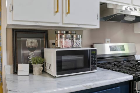 Enjoy the convenience of this modern kitchen setup, complete with a microwave and elegant marble countertops, perfect for quick meals and easy clean-ups.