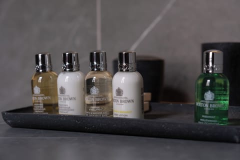 Shower, designer toiletries, hair dryer, bathrobes