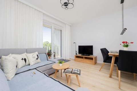 Bright, cozy space with comfortable seating and TV for relaxing evenings.