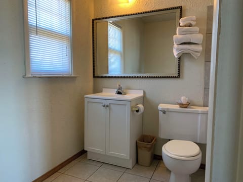 Combined shower/tub, free toiletries, hair dryer, towels