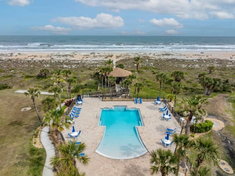 Beautiful zero-entry oceanfront pool surrounded by palm trees, lounge chairs, and sweeping shoreline views, offering a true resort-style experience.