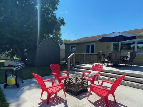 Large deck, grill, fire pit and outdoor games.