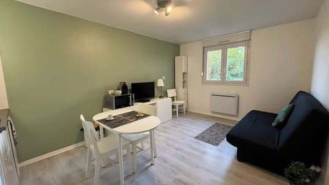 Salon avec canapé convertible et télévision, ouvert sur l'espace de cuisine et séparé de celui-ci par un coin repas pour deux personnes.