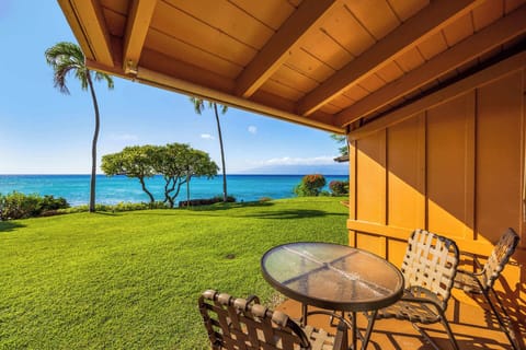 Actual view from the lanai of condo 108. Just a few steps from the ocean, its possible to walk out the sliding door and off the lanai for breathtaking views.  Spotting honu (sea turtles) is very common and whales during winter months.