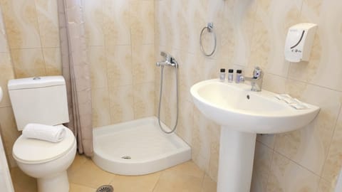 Shower, free toiletries, hair dryer, towels