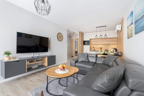 Ekskluzywny salon z aneksem kuchennym. Pomieszczenie jest wyposażone w  sofą narożną, TV i wyjście na balkon.