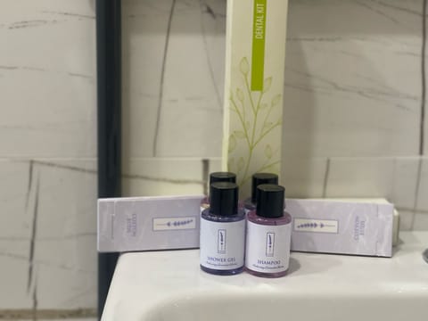 Shower, rainfall showerhead, hair dryer, slippers