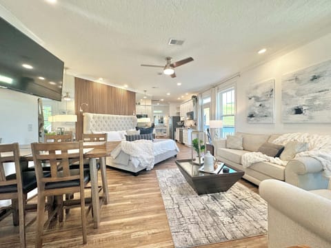 View of the studio from the balcony door. Spacious yet cozy. 