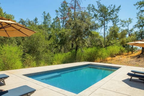 Sparkling rectangular pool framed by stone pavers, lounge chairs, and tan umbrellas for shade. Surrounded by dense woodland and hillside greenery, this private poolside setting offers a peaceful retreat with sweeping natural views.