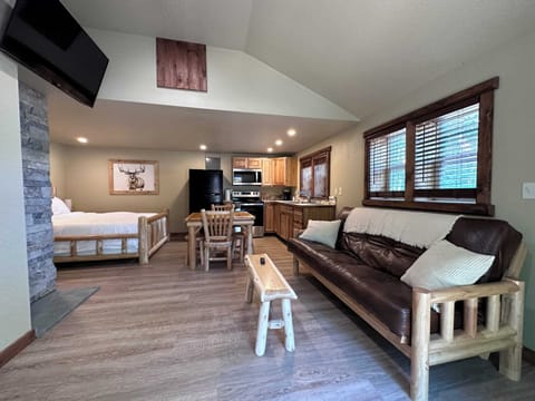 Studio layout with real log wood furniture and cozy fireplace.