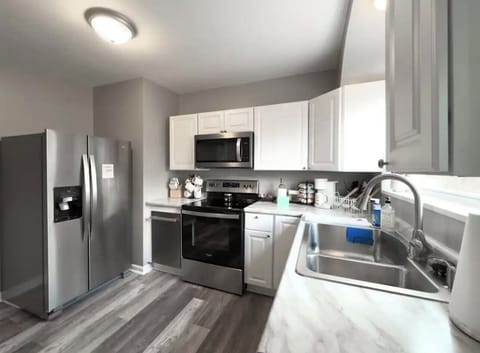 Our kitchen has marble countertops that are easy to clean.