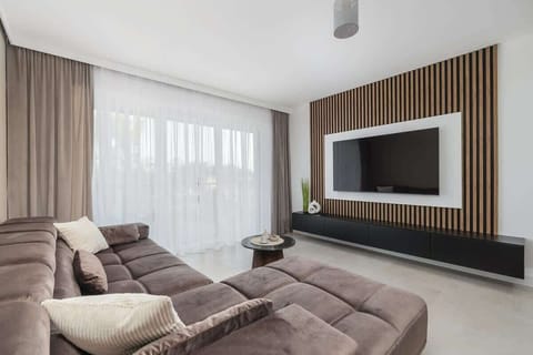 Relax in the stylish living room with a comfortable sofa and modern decor.