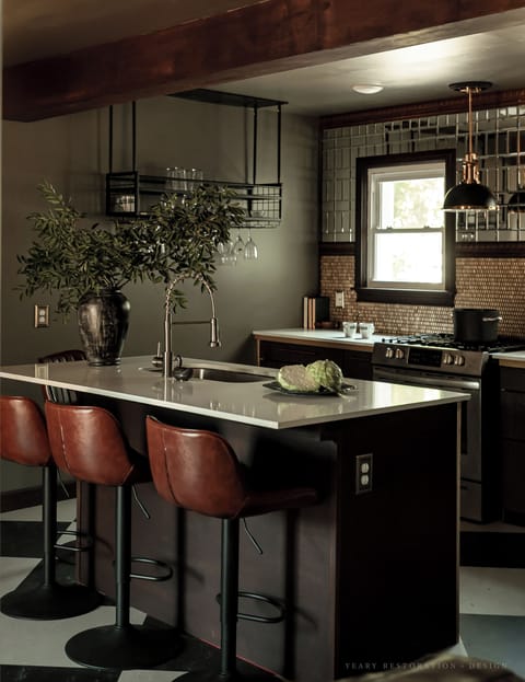 Full kitchen with mid size fridge/freezer, gas stove/oven, and kitchen island!