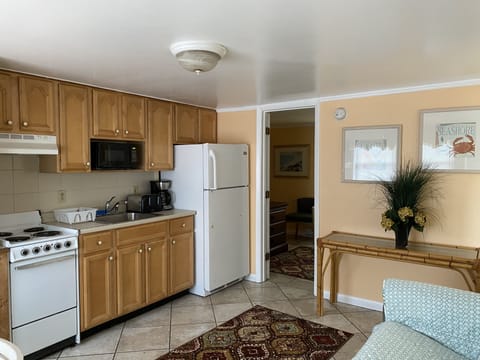 Apartment, 2 Bedrooms, Kitchen (Street View) | Private kitchen | Full-size fridge, microwave, oven, stovetop