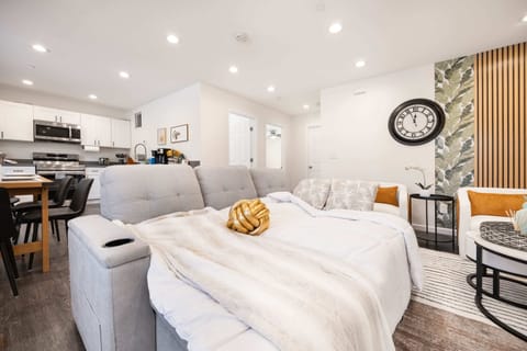 Comfortable pull-out sofa bed in the living room, perfect for extra guests.