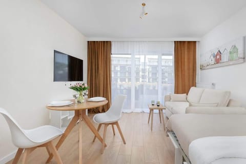 A bright and cozy living room with a fold-out sofa, large TV, and elegant coffee table creates a comfortable space for relaxation.