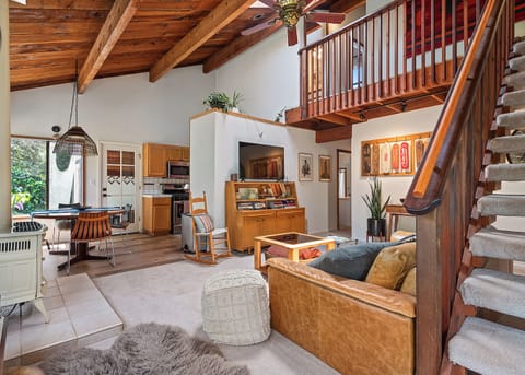 Hangout in the living room with the flatscreen TV and gas fireplace.