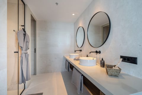 Shower, rainfall showerhead, hair dryer, bathrobes