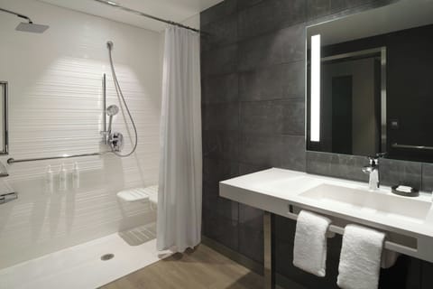 Studio, 2 Queen Beds (Mobility Accessible, Roll-in Shower) | Bathroom | Hair dryer, towels, soap, shampoo