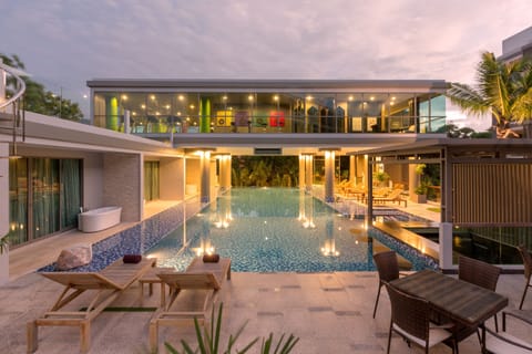 Indoor pool, outdoor pool, pool umbrellas, sun loungers