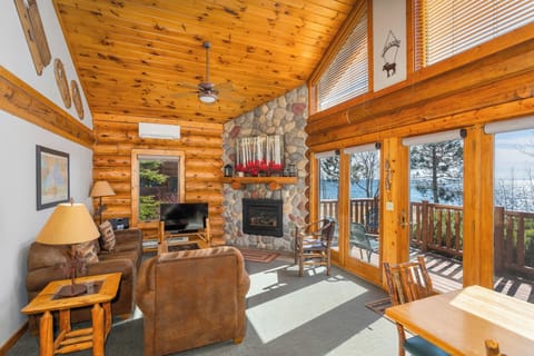 Standard Cabin, 1 Queen Bed, Fireplace, Lake View | Living room | Flat-screen TV, DVD player