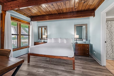 Room 8 is located on the 2nd floor of the Inlet Building. It has a king-size bed and a window overlooking the ocean.