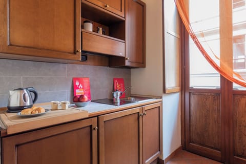 Fridge, microwave, stovetop, espresso maker