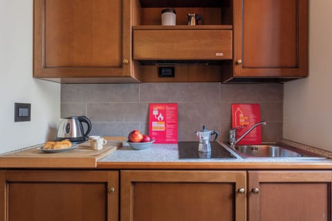 Fridge, microwave, stovetop, espresso maker