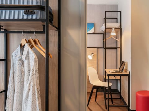 Desk, laptop workspace, blackout drapes, soundproofing