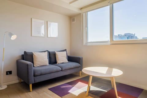 Bright and cozy living space with a comfy sofa and natural light, perfect for relaxation.