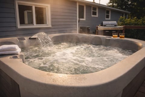 Hot Tub Oasis: Dive into relaxation with bubbling waters and a scenic backyard escape!