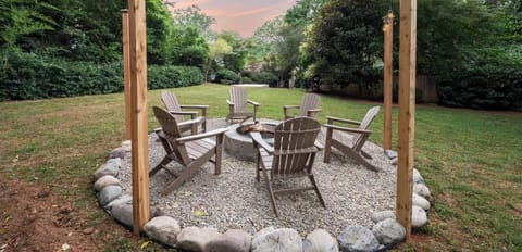 Enjoy the peace and tranquility of the largest backyard in Plaza Midwood. Nestled among the trees, you can enjoy roasting S’mores in the fire pit, soaking in the hot tub or challenging your friends and family to a game of disc golf.
