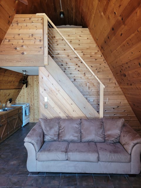 LIVING ROOM:  Features a sofa, futon, and a large television with cable television.