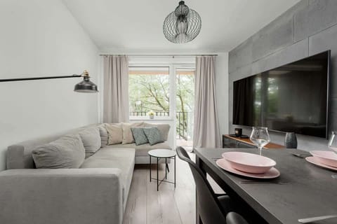 Cozy living room with a corner sofa, large TV, soft curtains, and a bright window view.