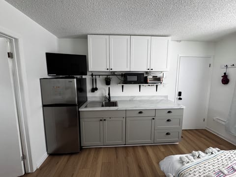 Fridge, induction cooktop, microwave, toaster, kettle, coffee, tea, utensils.