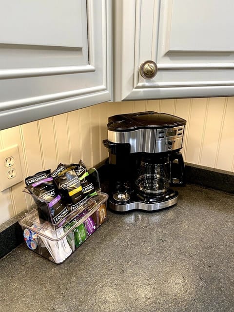 Coffee station. We provide ground coffee, cream, and sugar. We also have some tea options in the cupboard next to the stove.