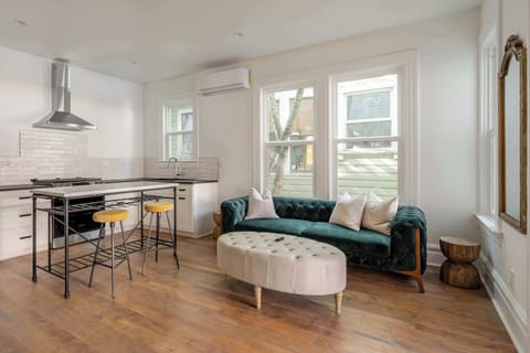 Open living room with kitchen and dining counter.