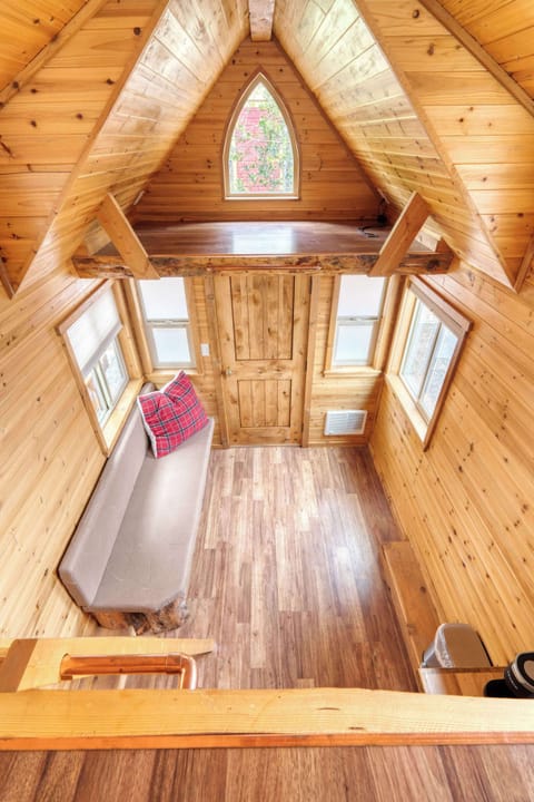 View from the loft over the cozy living space.