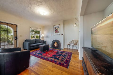 Living room with double-size sleeper sofa and fireplace (nonfunctional)