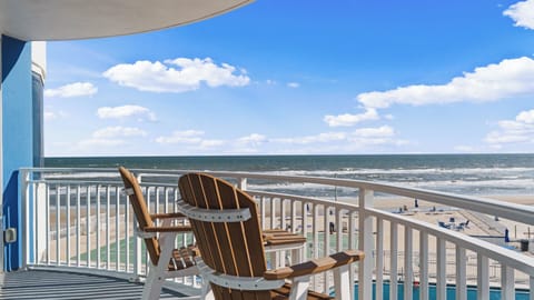 Private balcony on 5th floor with ocean, beach and pool views.