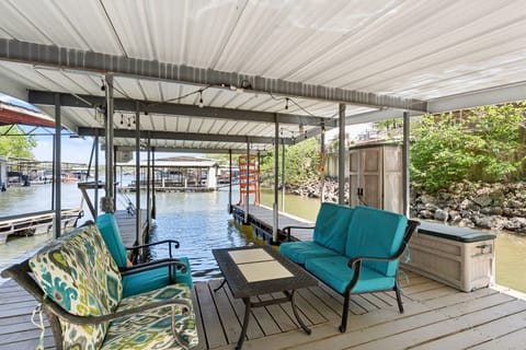 Covered outdoor seating made for long conversations and lake views.