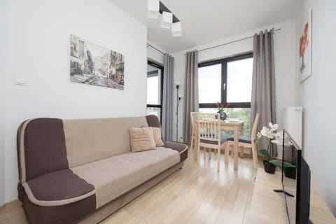 The stylish bedroom includes a comfortable sofa bed and a table.