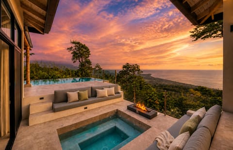 A bright tropical kitchen with natural textures and lush garden views.