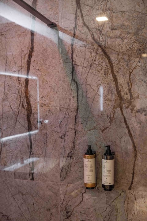 Shower, rainfall showerhead, free toiletries, hair dryer