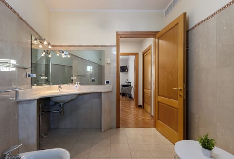 Bathtub, hair dryer, bidet, towels