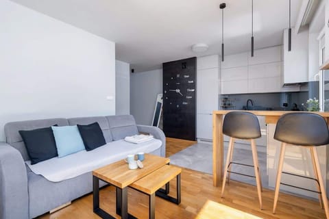 Living room with kitchenette.