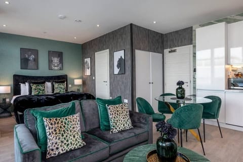 Integrated living, bedroom, and kitchen spaces in an open layout.