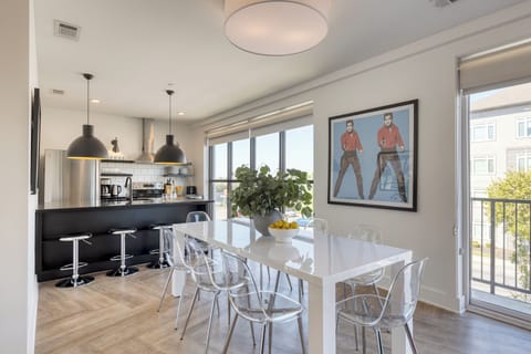 Elegant dining area offering outdoor views.