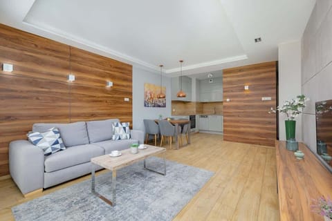 A bright living room featuring a comfortable sofa bed and modern wooden accents. The space includes a soft rug and a TV area ideal for relaxing evenings.